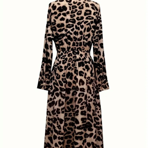 Leopard Print Maxi Dress, Casual Button Front Long Sleeve Dress - Picture 3 of 4